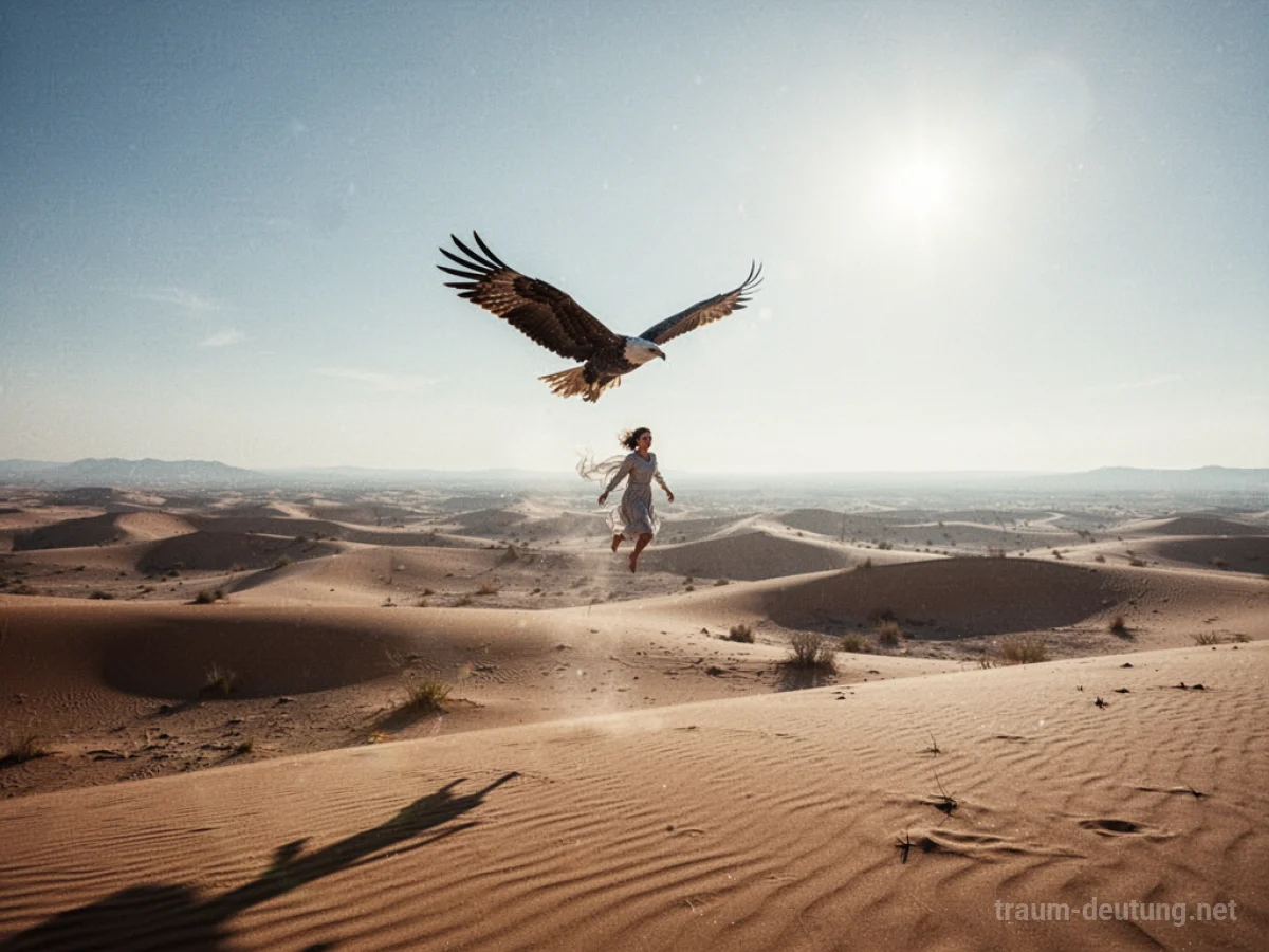 Eine Person fliegt hoch über einer endlosen Wüstenlandschaft im Sonnenlicht.