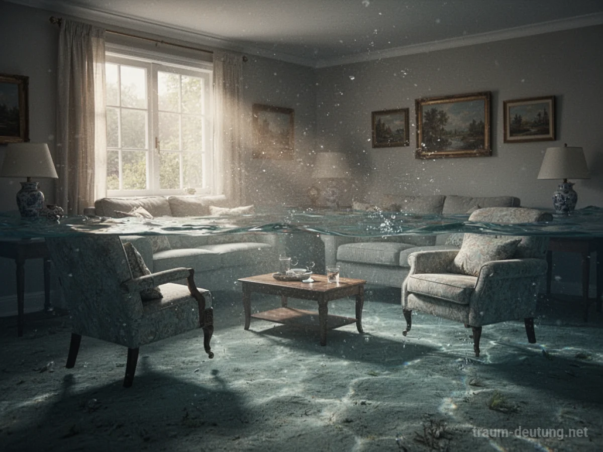 Ein Wohnzimmer mit Wasser gefüllt, Möbel schwimmen.