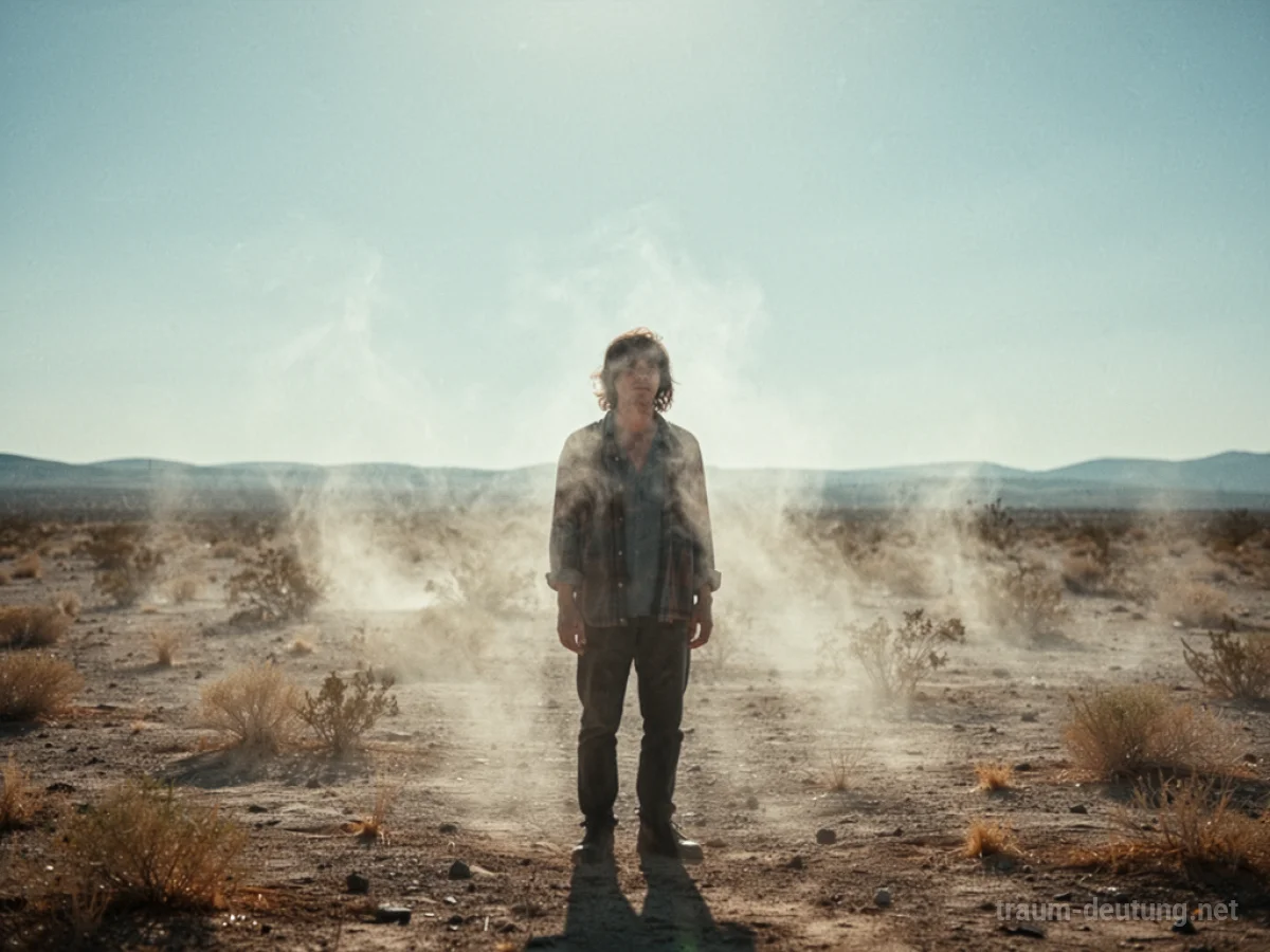 Eine Person steht in einer sonnenverbrannten Landschaft, Hitze flimmert über dem Boden.