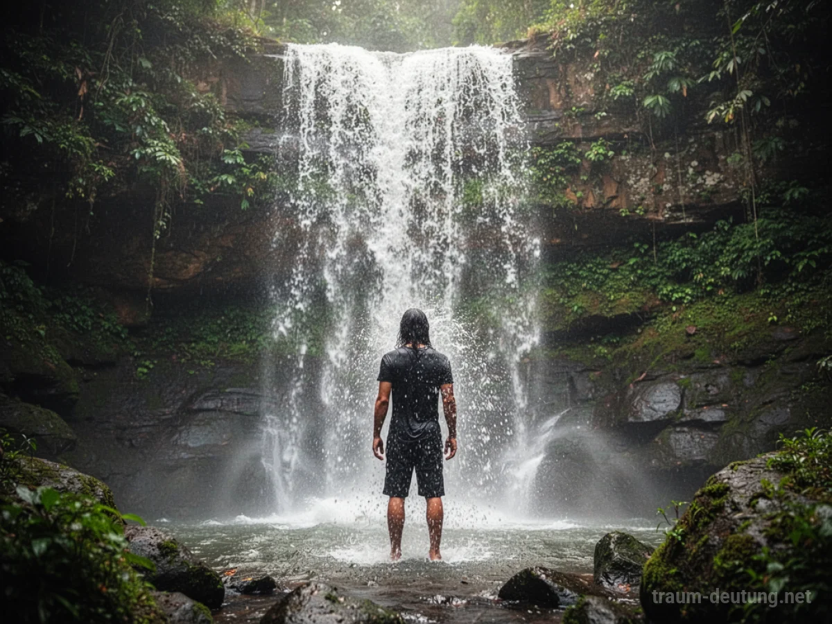 Person steht unter einem tosenden Wasserfall in einer natürlichen Umgebung