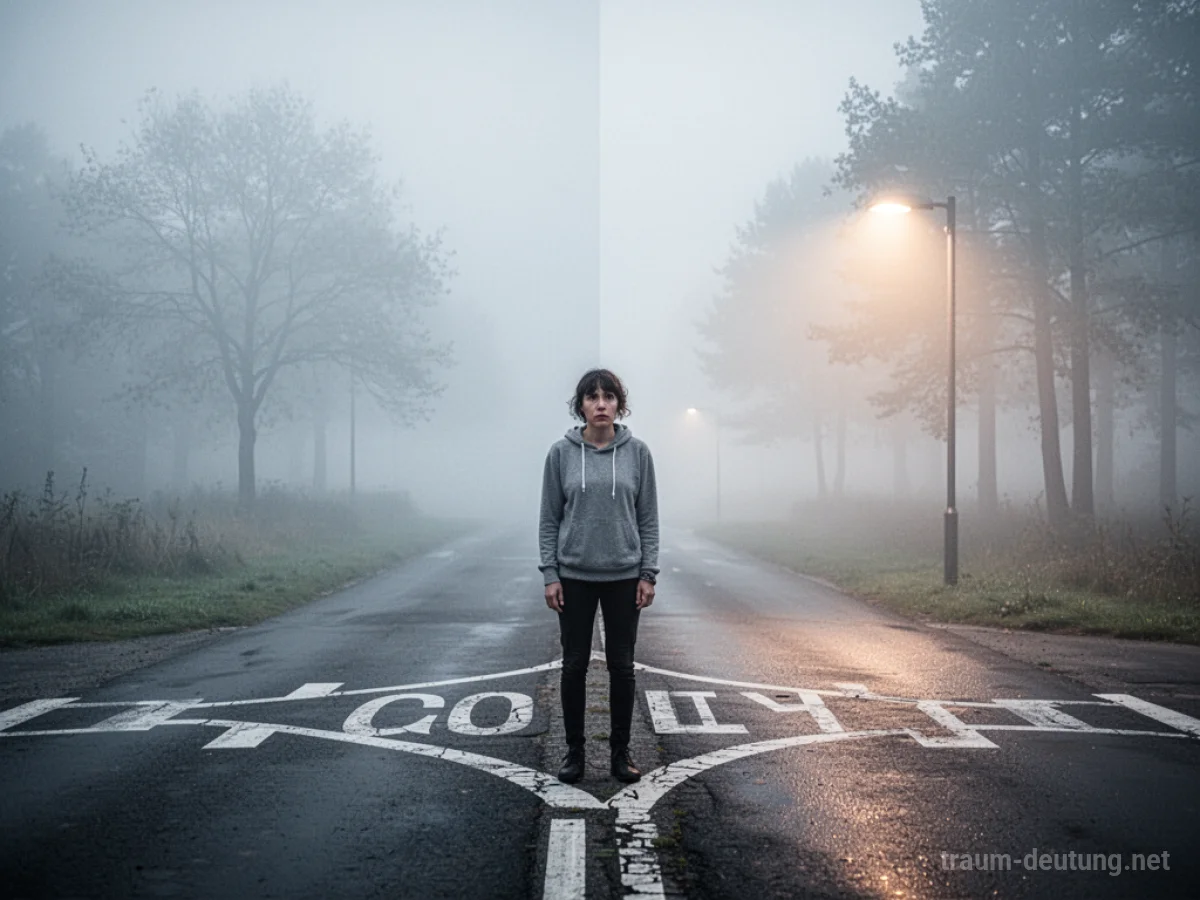 Person steht unsicher an einer Weggabelung, ein Weg im Nebel.