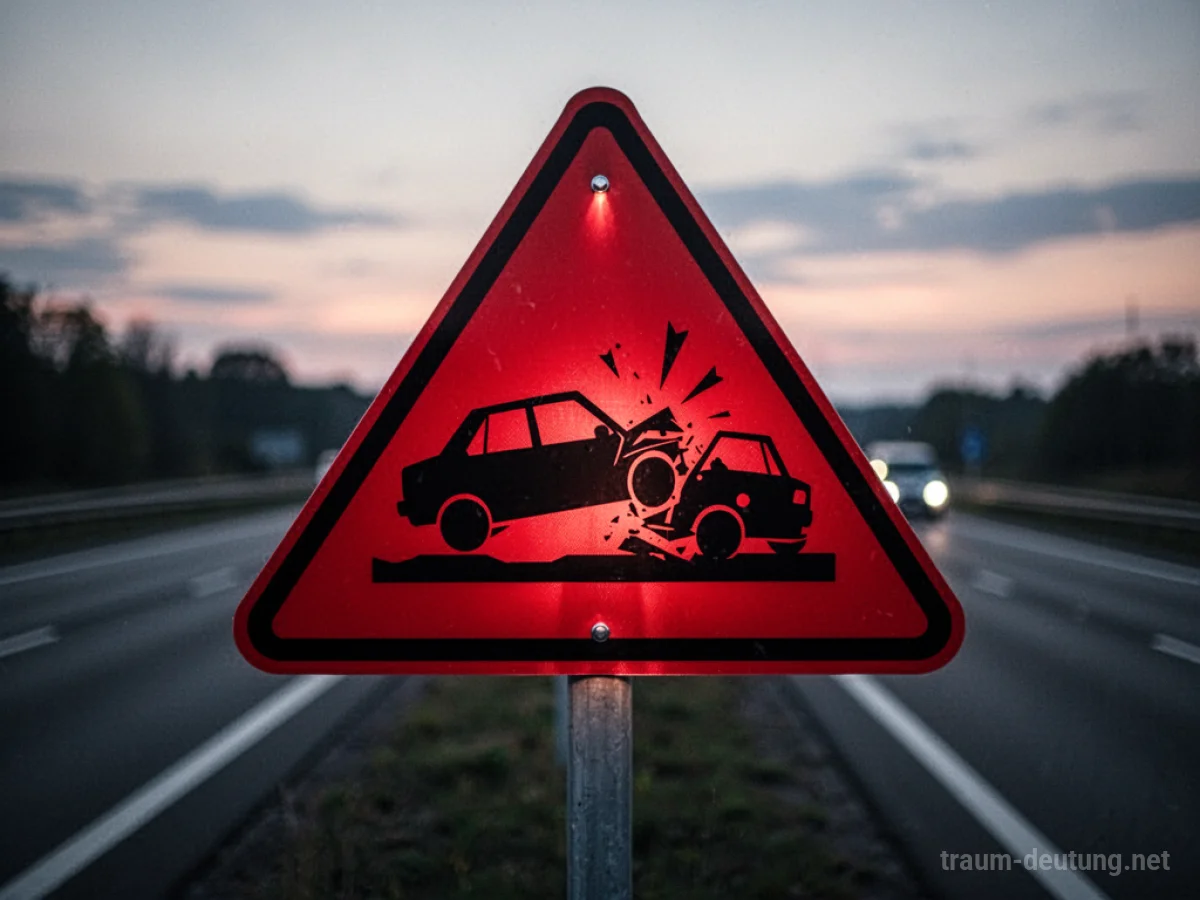 Rotes Warnschild mit Silhouette eines Autounfalls auf unscharfem Straßenhintergrund im Dämmerlicht.