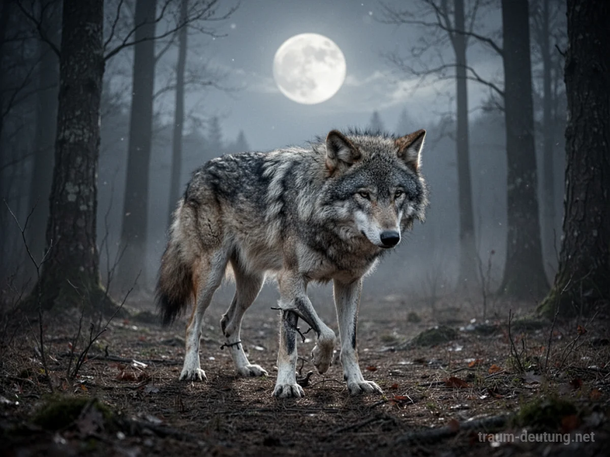 Verletzter Wolf humpelt durch einen mondbeschienenen Wald
