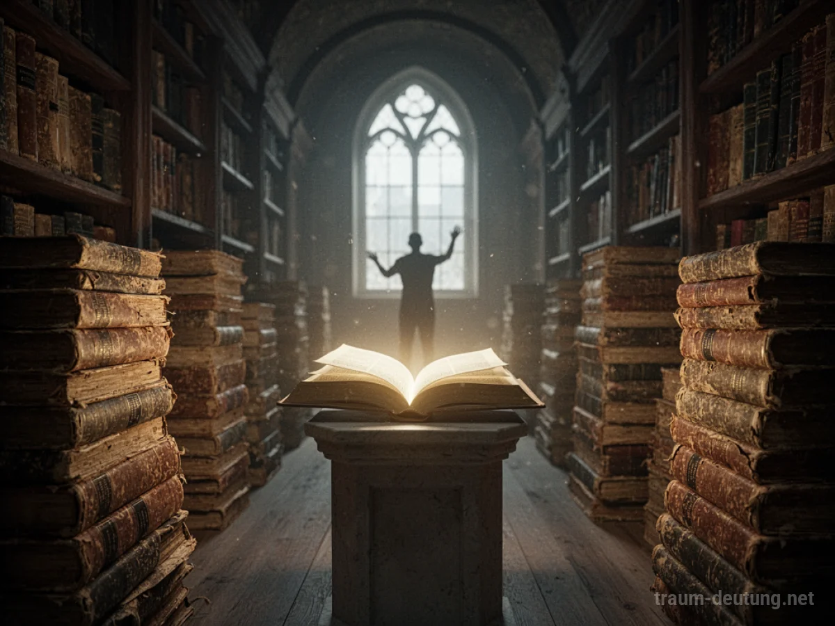 Ein schattenhaftes Wesen streckt sich nach einem leuchtenden Buch in einer alten Bibliothek aus.