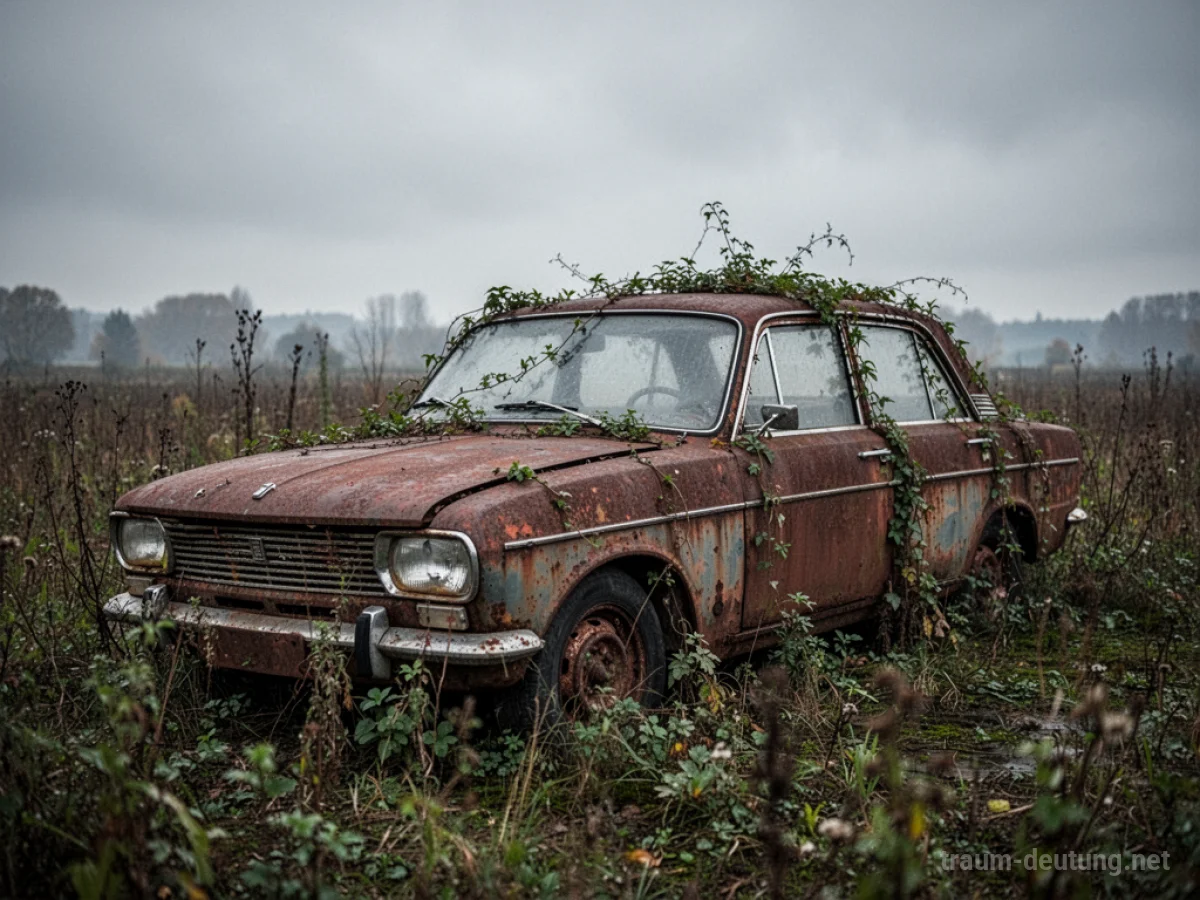 Ein verrosteter, alter Wagen steht verlassen auf einem zugewachsenen Feld unter grauen Wolken.