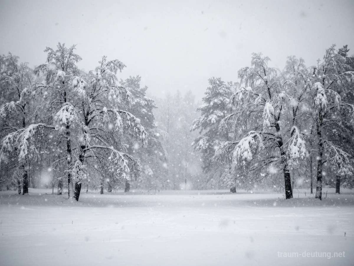 Schneelandschaft mit dichtem Schneefall und schneebedeckten Bäumen.