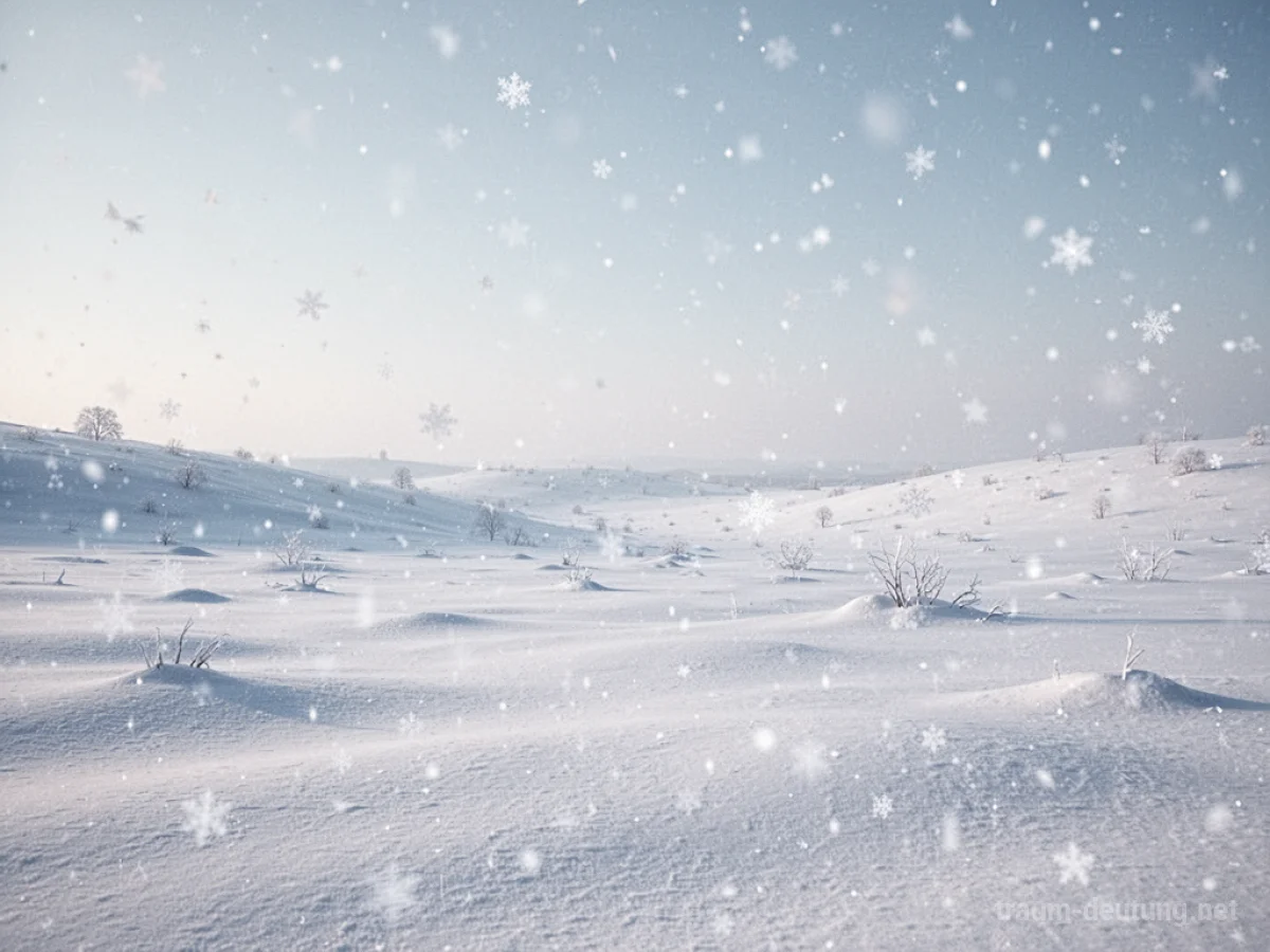 Weite Landschaft mit viel weißem Schnee, der friedlich fällt
