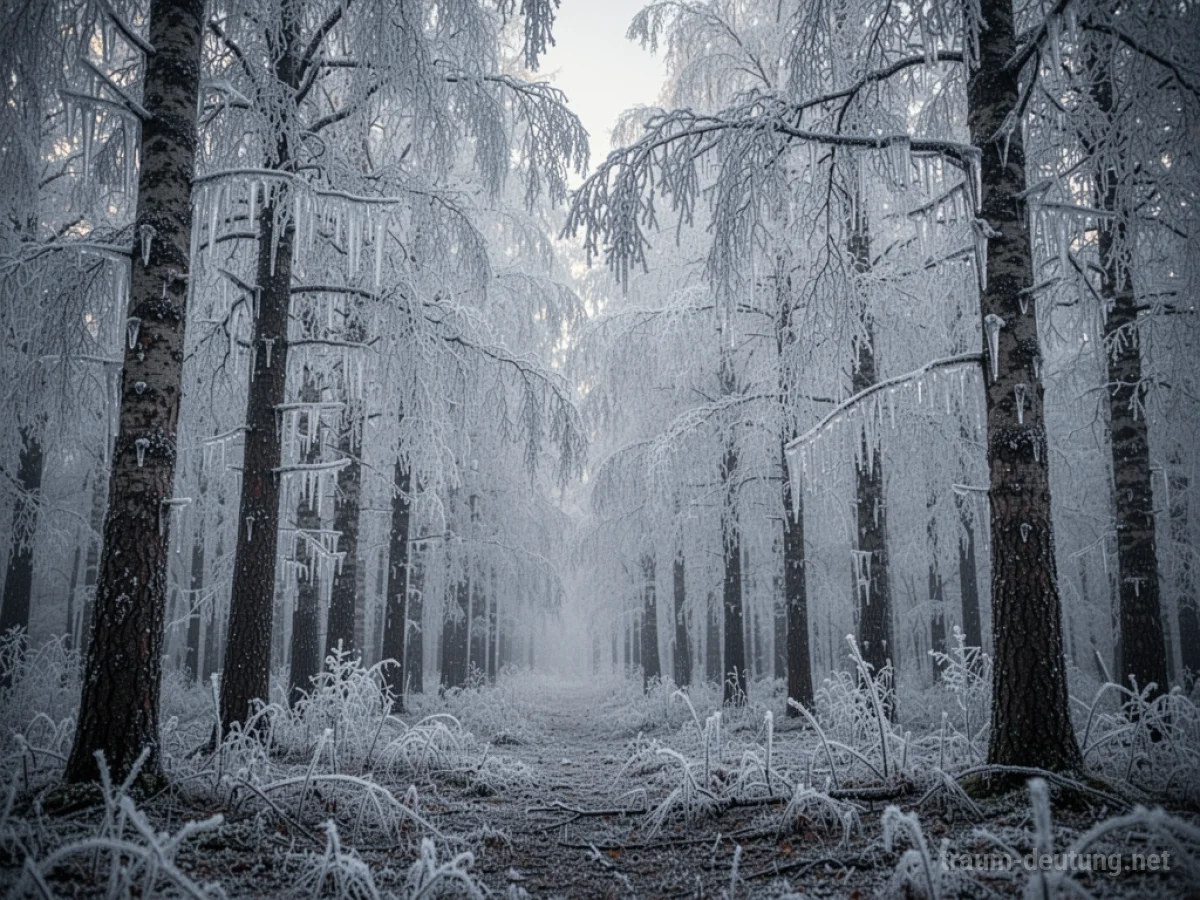 Viele Eiszapfen hängen an gefrorenen Ästen in einem winterlichen Wald.