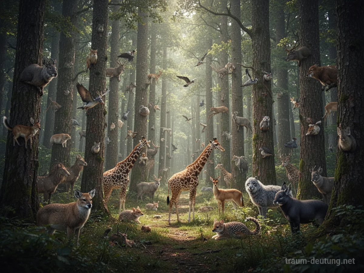 Viele Tiere im Wald, umgeben von Bäumen und natürlichem Licht.