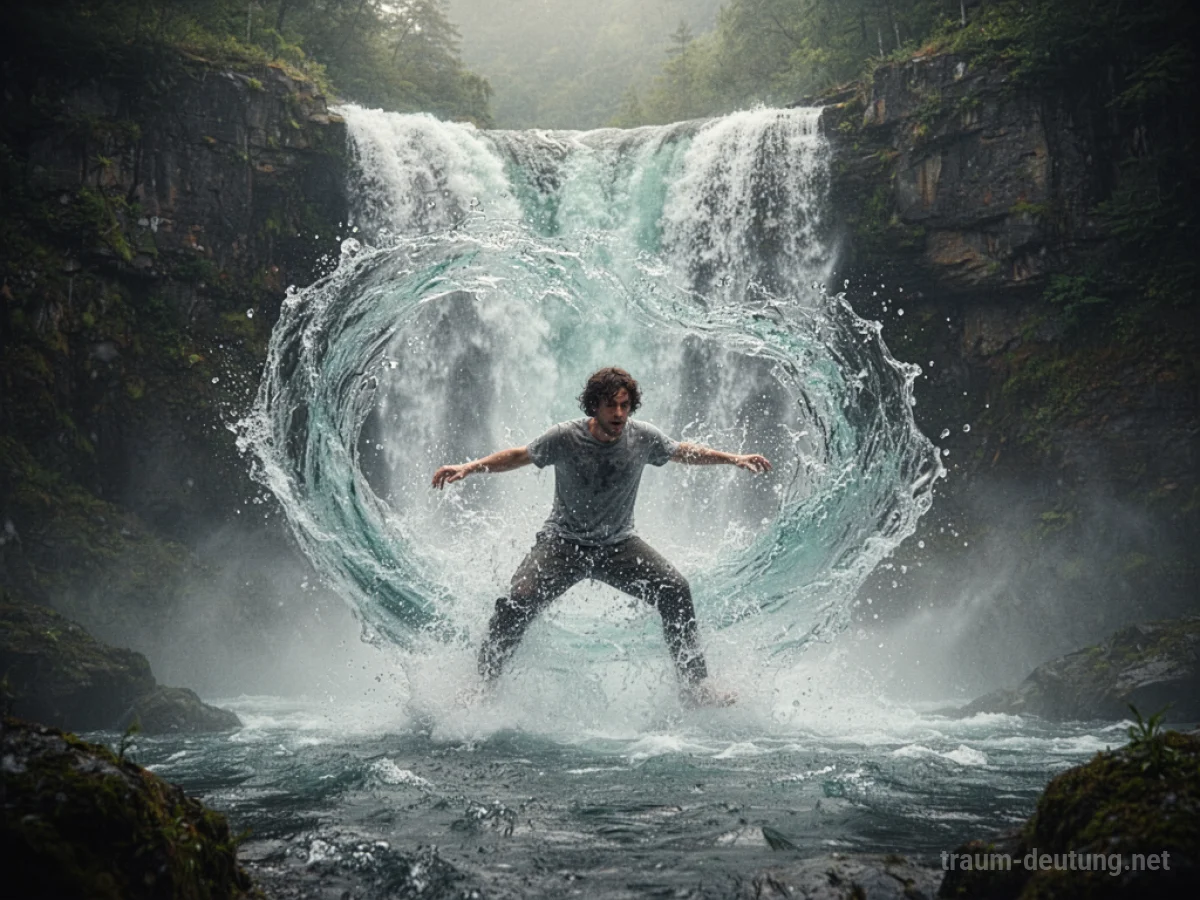 Person wird von einem starken Wasserfall mitgerissen