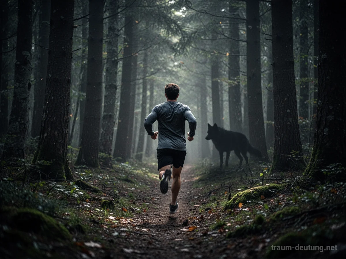 Person flieht vor Wolf im dunklen Wald