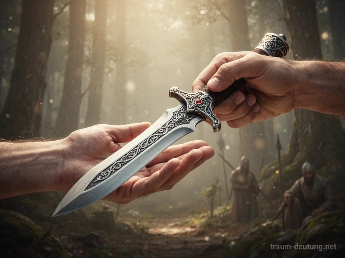 Eine Hand reicht eine stilisierte Waffe als Geschenk.