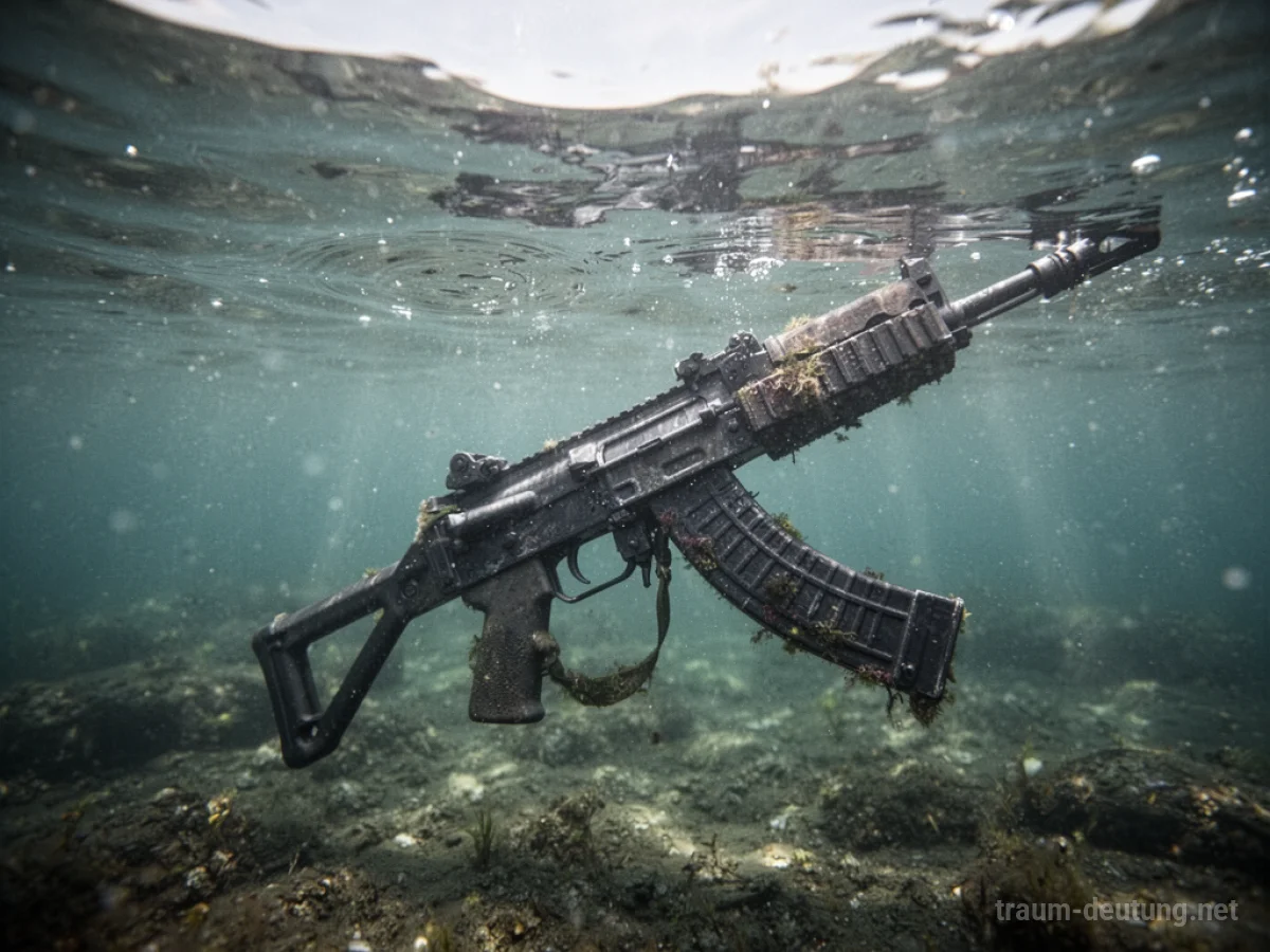 Eine Waffe liegt unter Wasser, nur teilweise sichtbar.