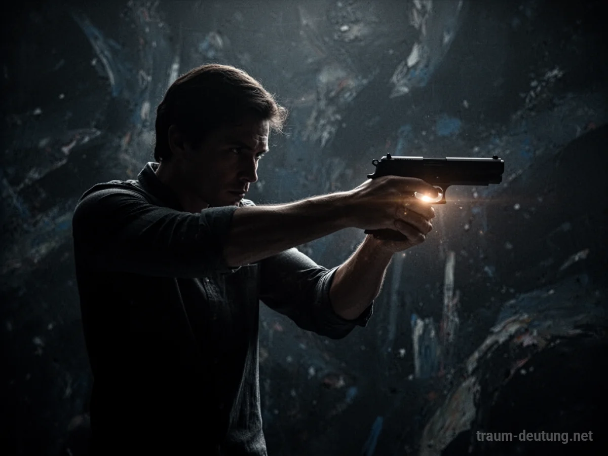 Silhouette einer Person mit einer nicht feuernden Waffe vor dunklem Hintergrund