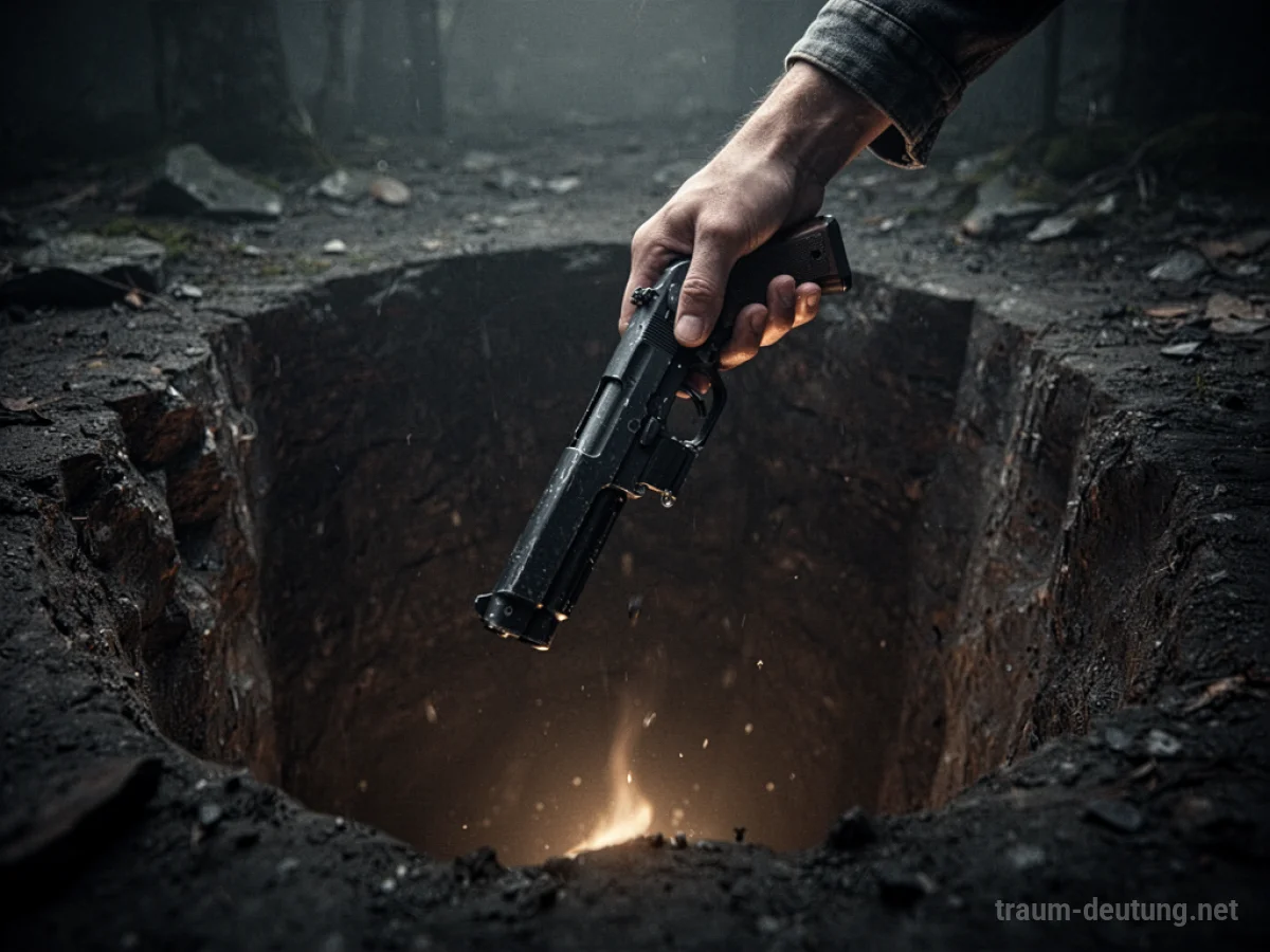 Hand lässt eine Waffe in einen dunklen Abgrund fallen
