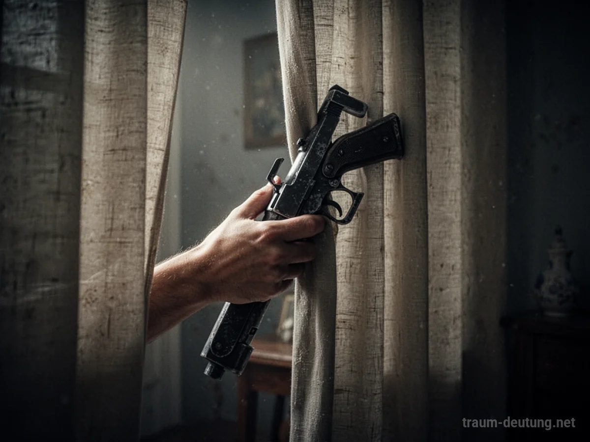 Hand versteckt stilisierte Waffe hinter einem Vorhang