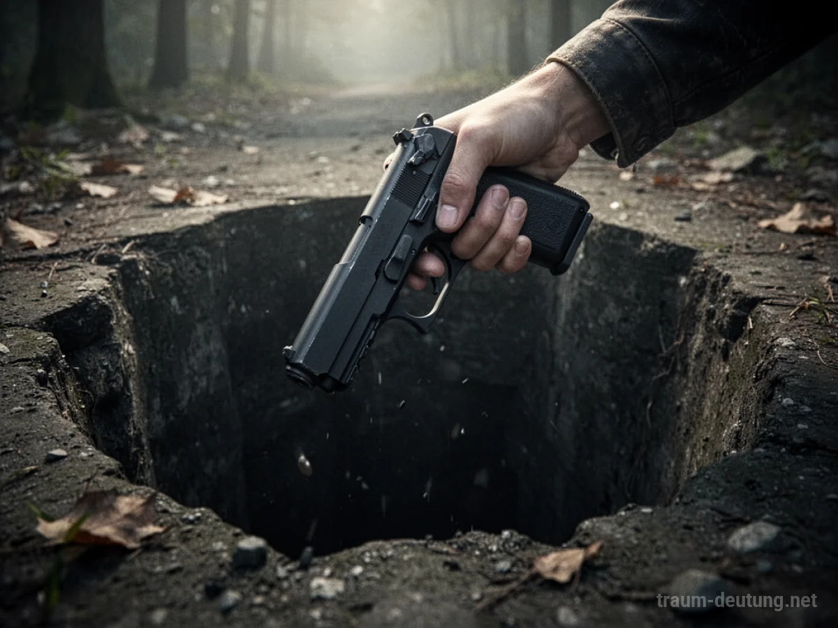 Eine Hand lässt eine Pistole in eine dunkle Grube fallen.