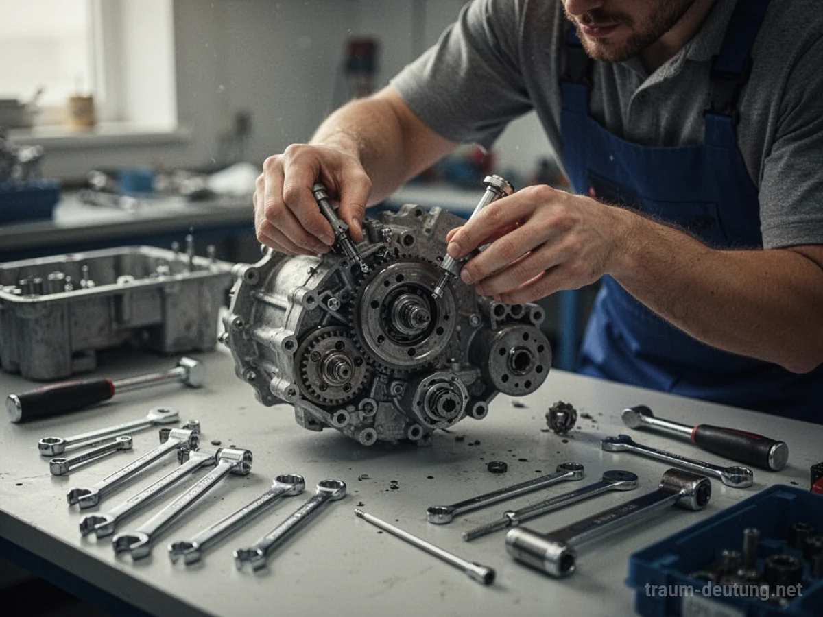 Eine Person zerlegt eine mechanische Waffe auf einem Tisch