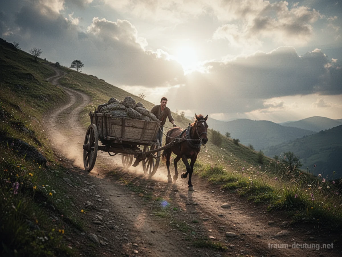 Ein Wagen wird mühsam einen steilen Bergpfad hinaufgezogen.