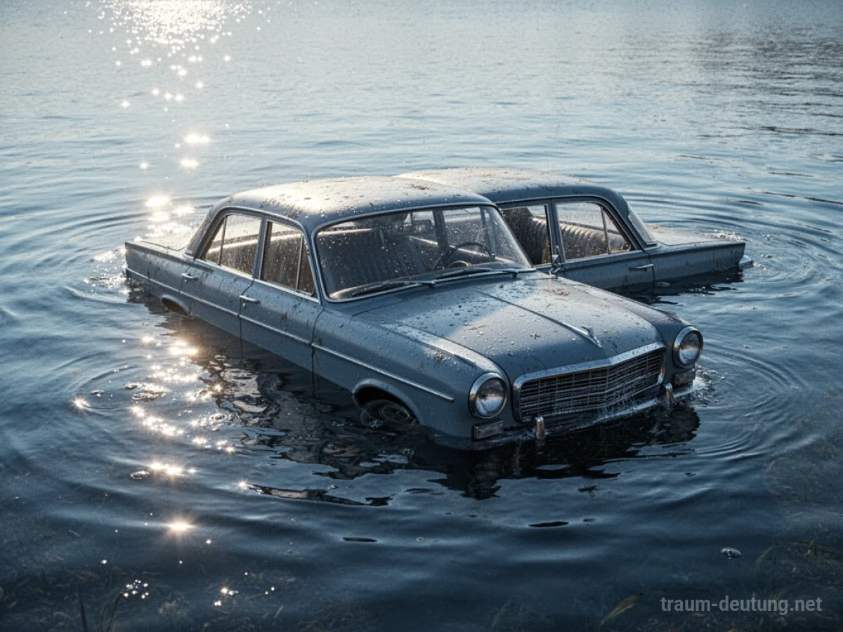 Ein Wagen, der halb in ruhigem Wasser versunken ist