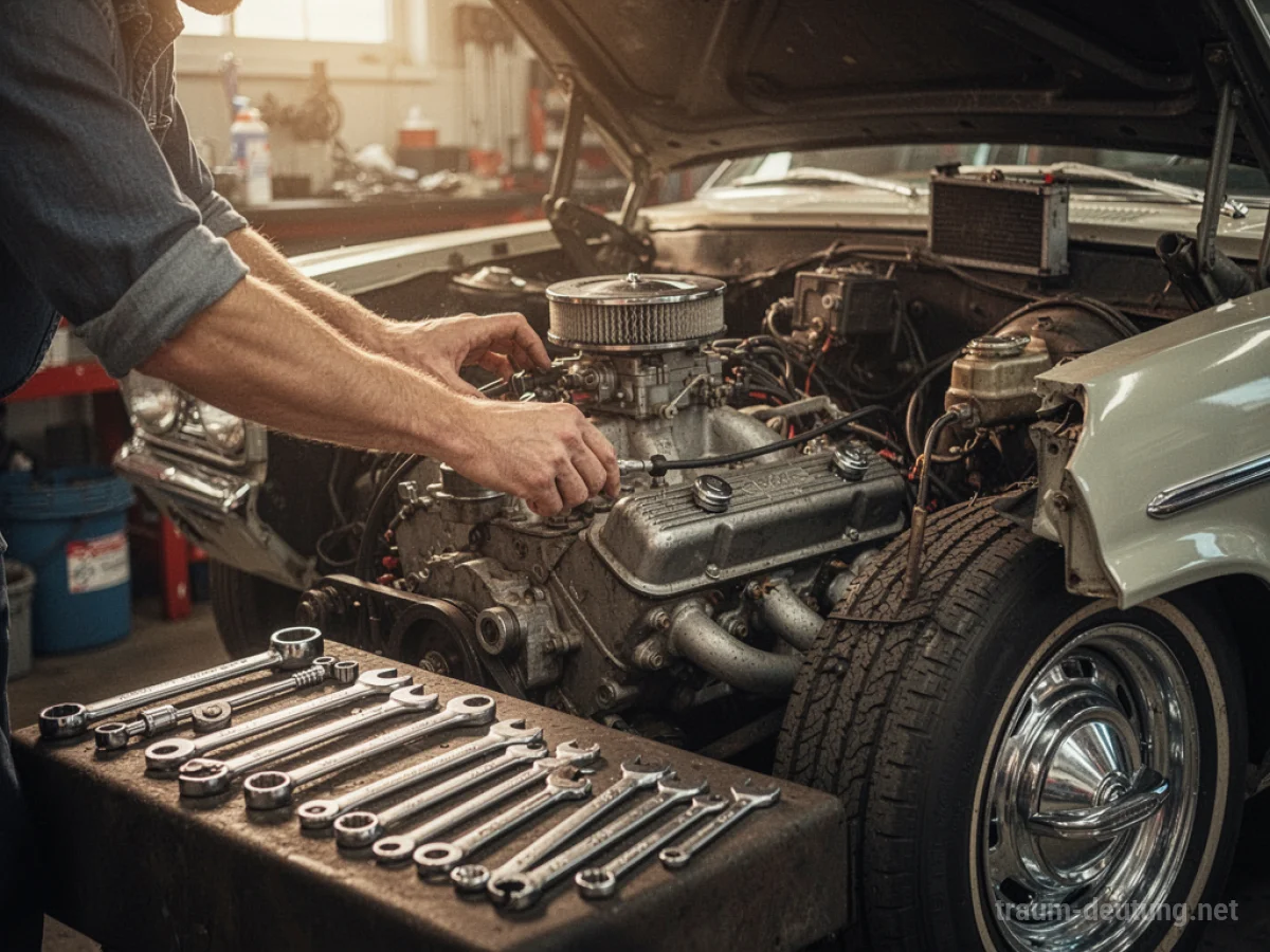 Hände reparieren den Motor eines Wagens in einer Werkstatt.