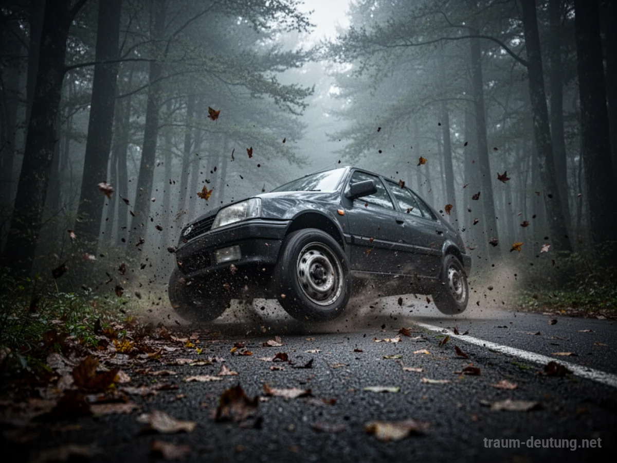 Ein Auto verliert auf einer Landstraße die Kontrolle und rutscht in einen dunklen Wald.