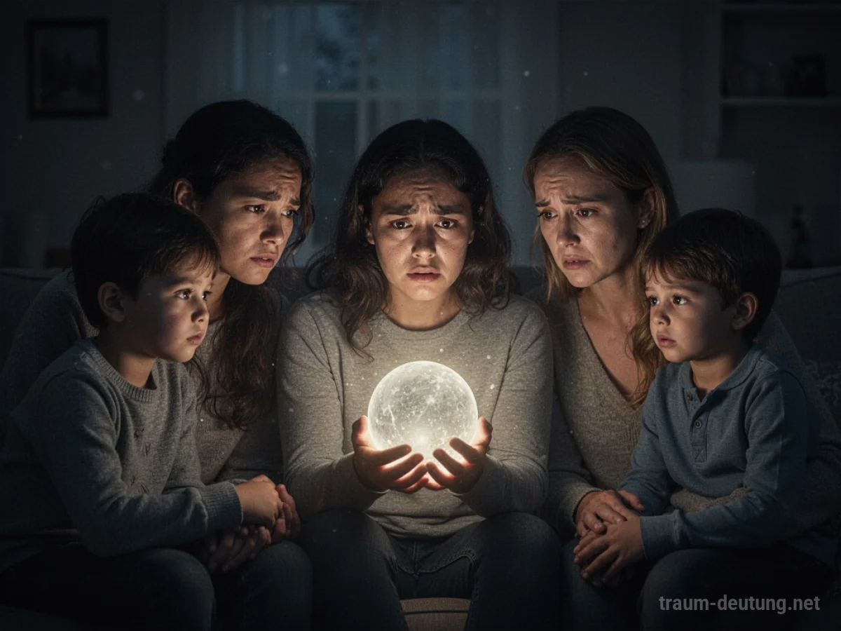 Familie im Traum, eine Person hält eine leuchtende Kugel, die Licht auf ihre Gesichter wirft.