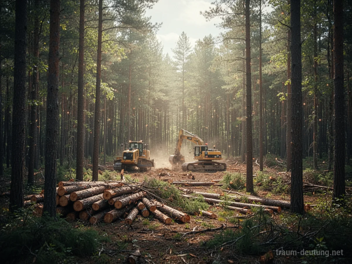 Wald wird im Traum abgeholzt, Baumstümpfe und Maschinen sichtbar