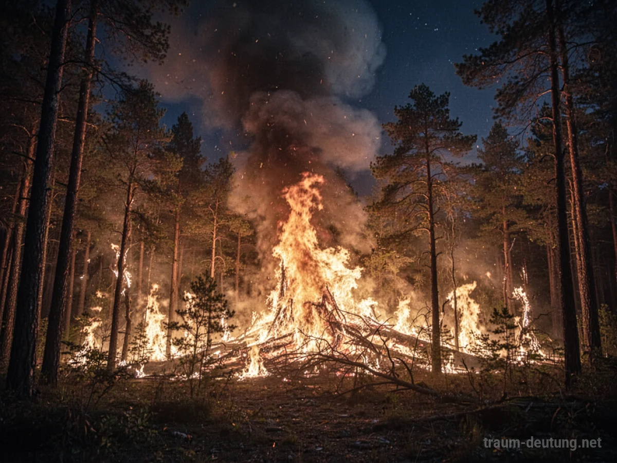Brennender Wald bei Nacht mit rauchendem Himmel