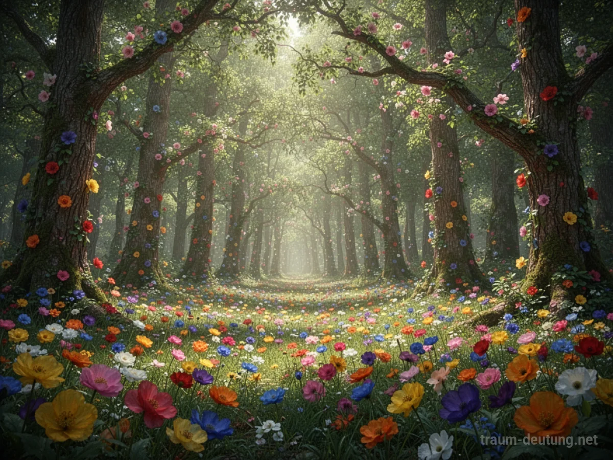Ein dichter Wald mit leuchtenden Blumen auf dem Boden und an Ästen, durch die Sonnenlicht fällt.