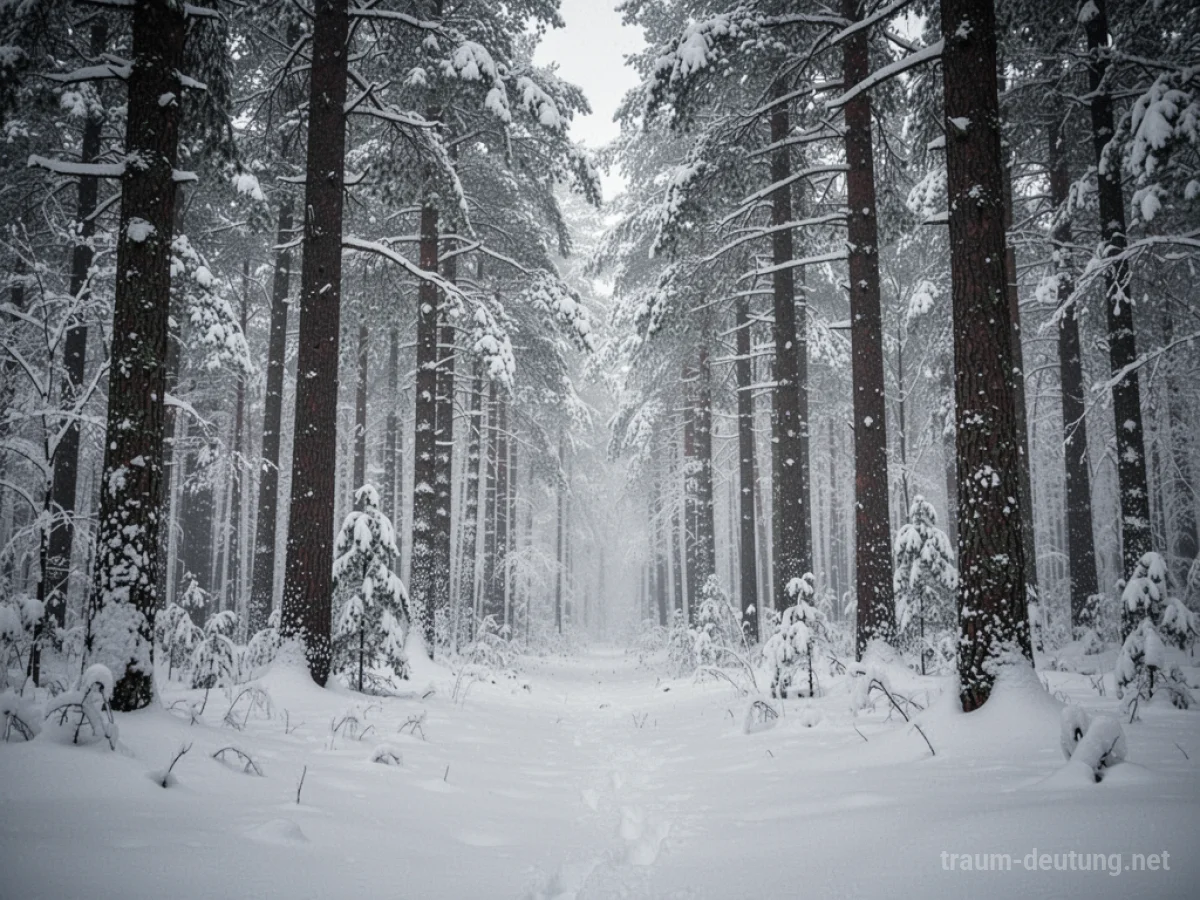 Dichter Wald, komplett mit Schnee bedeckt, mit hohen Bäumen und ruhiger Atmosphäre.
