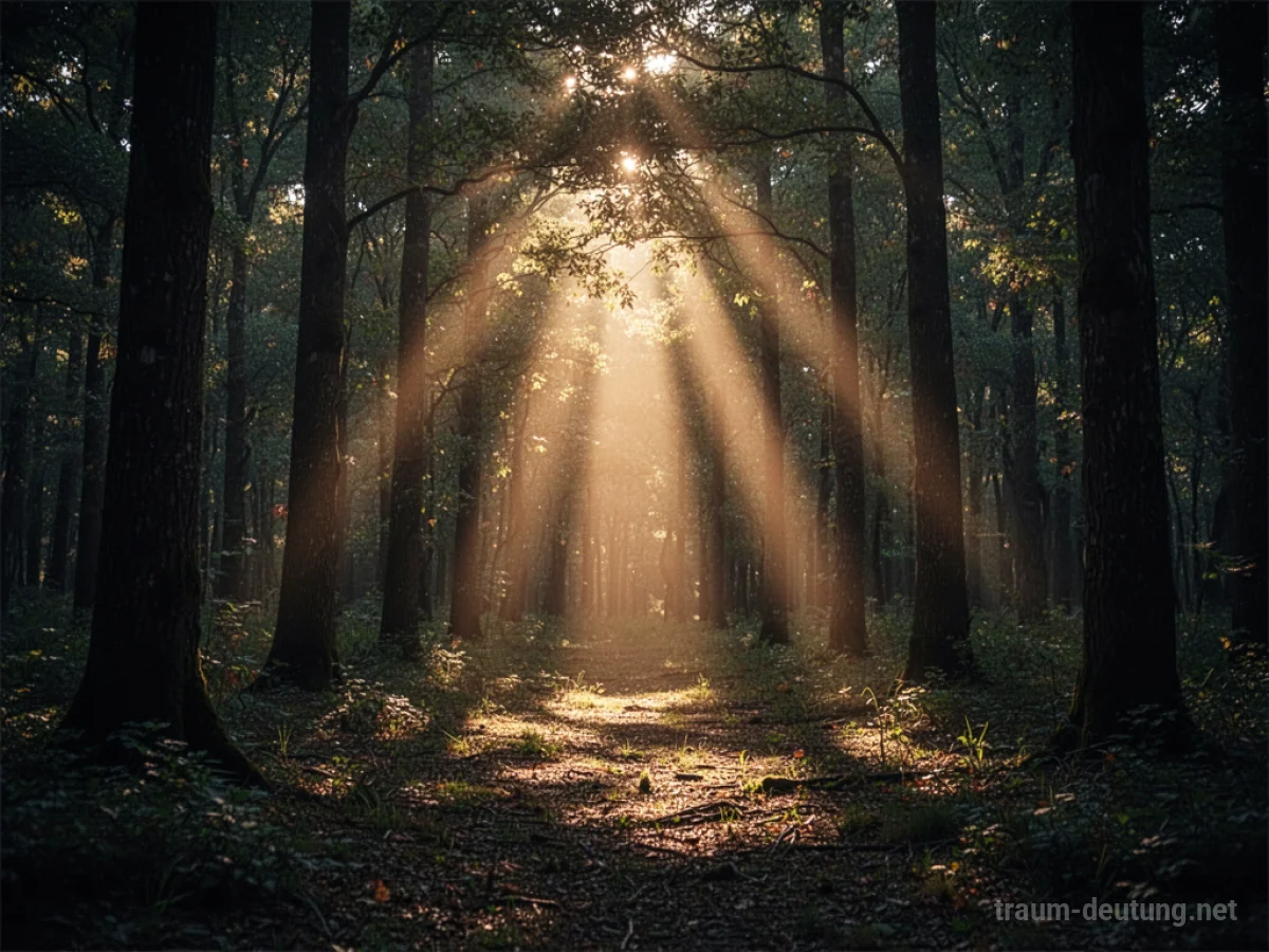 Ein dunkler Wald, durch den plötzlich helles Licht fällt.