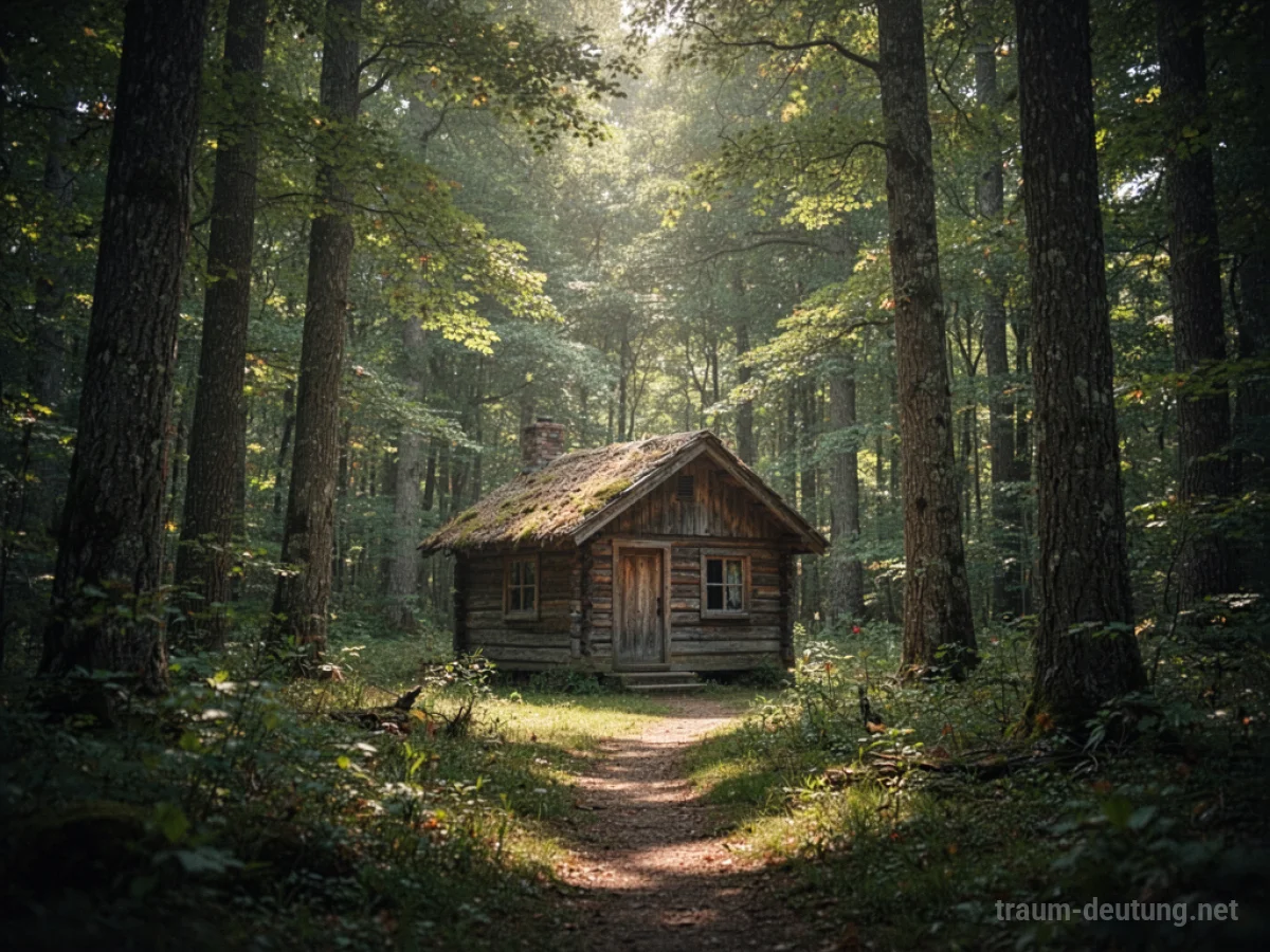 Ein kleines, rustikales Waldhaus inmitten eines dichten Waldes mit Sonnenlicht, das durch die Bäume fällt.