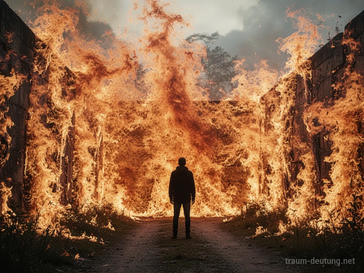 Mensch steht vor einer riesigen Wand aus Feuer