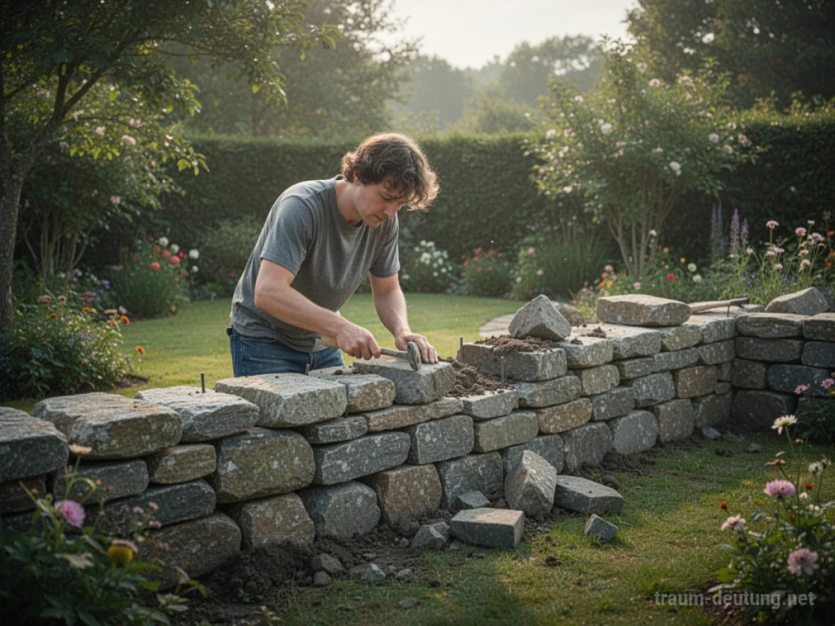 Eine Person errichtet eine Steinmauer in einem Garten