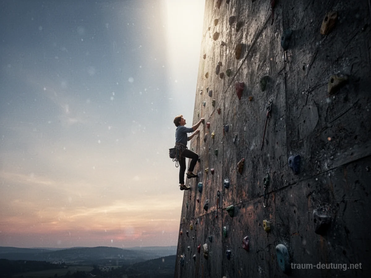 Person klettert an einer hohen Wand empor.