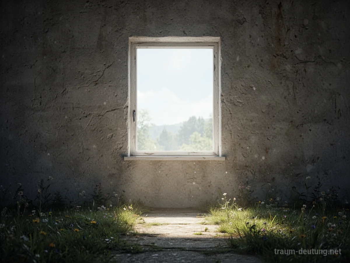 Eine Wand mit einem hell erleuchteten Fenster, das einen Ausblick gewährt.