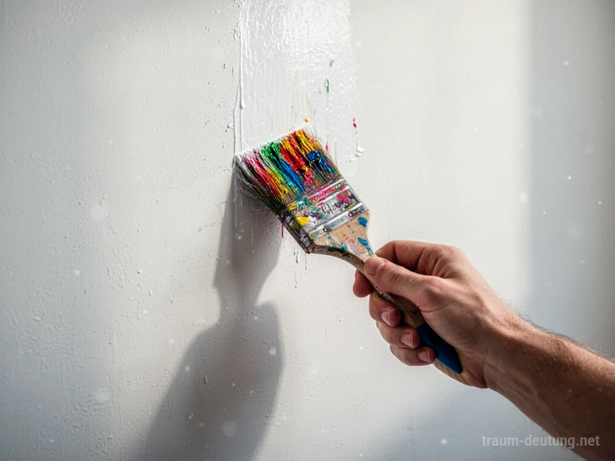 Hand malt eine Wand mit einem Pinsel in leuchtenden Farben an.