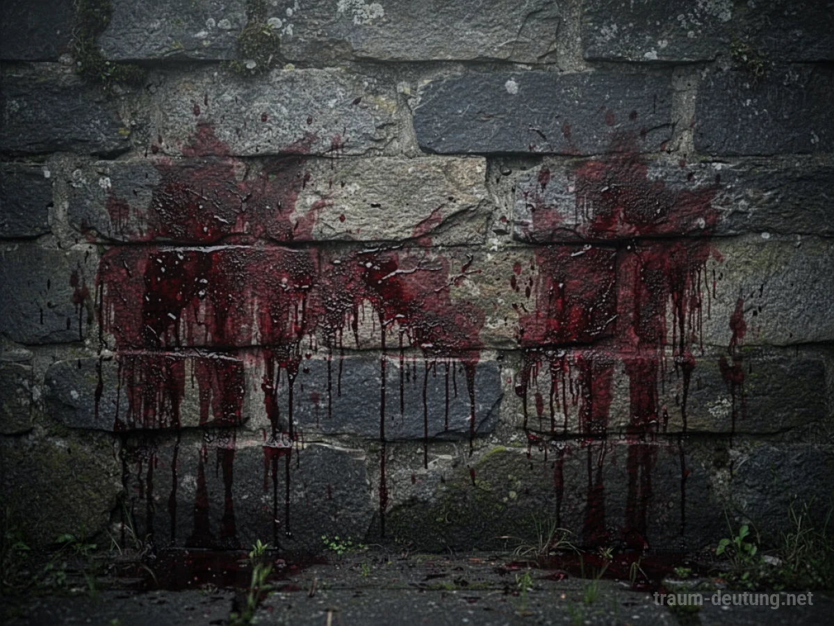 Eine dunkle, fleckige Wand mit roten Mustern, die an getrocknetes Blut erinnern.