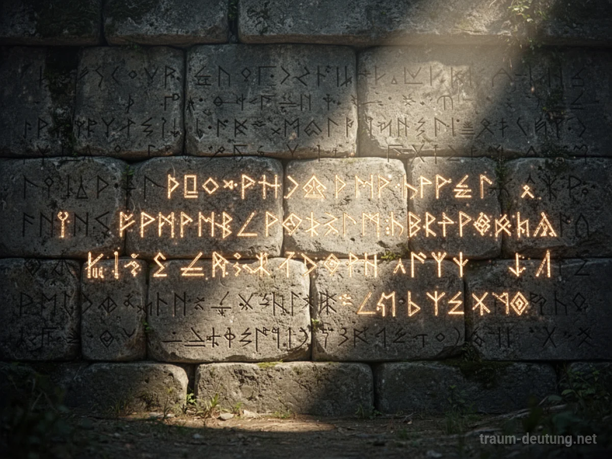 Eine alte Steinwand, bedeckt mit leuchtenden Schriftzeichen und Symbolen.