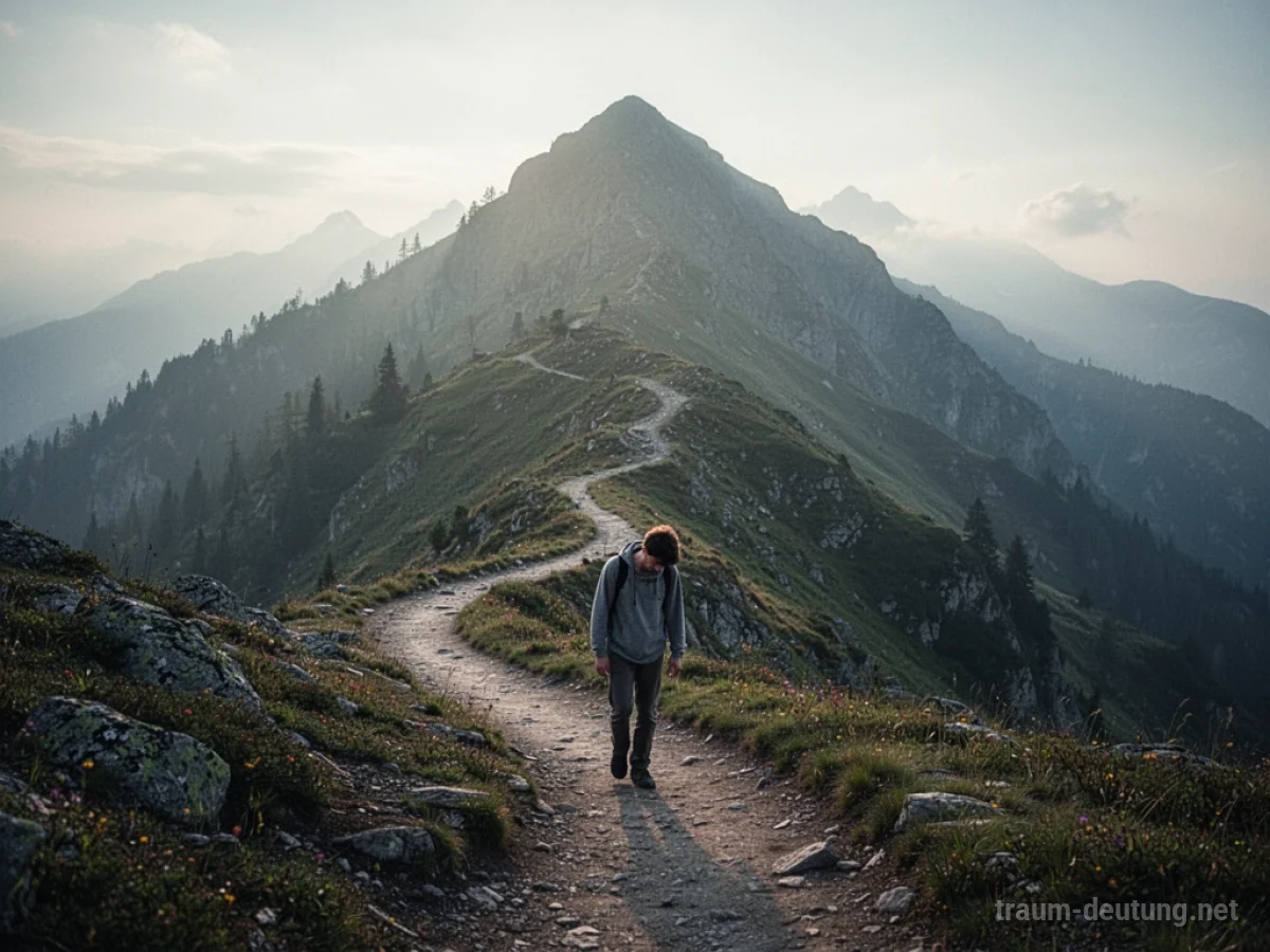Eine einsame Person wandert erschöpft auf einem Bergpfad.