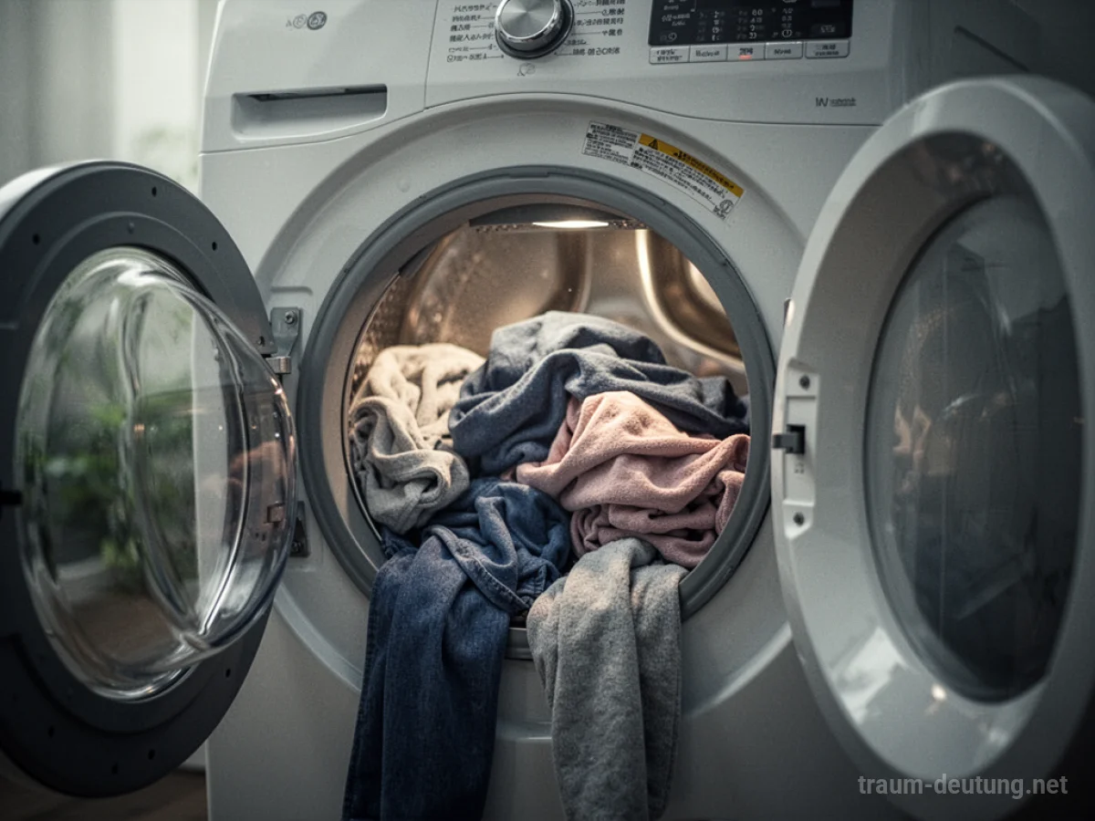 Waschmaschine mit Kleidung im Inneren im sanften Licht
