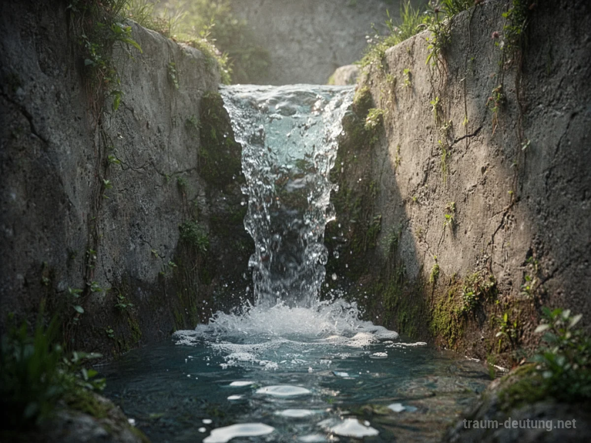 Wasser fließt durch eine Wand in einem Raum.