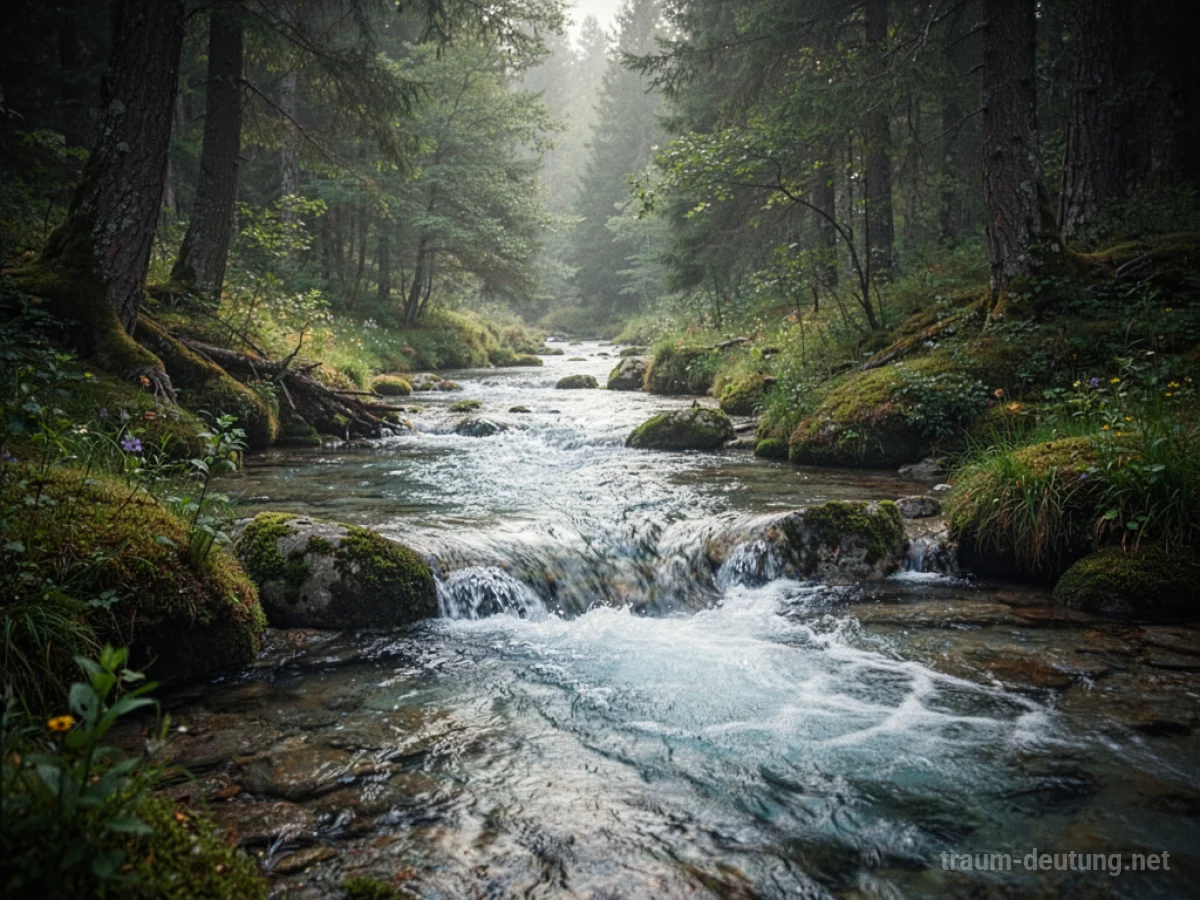 Schnell fließendes Wasser in einem Bachlauf im Wald.