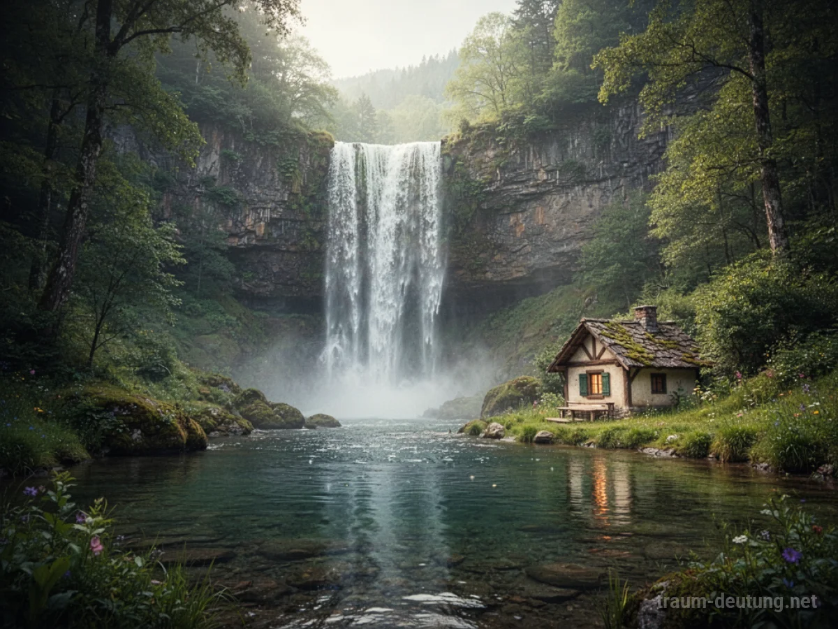 Gemütliches Haus neben einem rauschenden Wasserfall in friedlicher Naturkulisse.