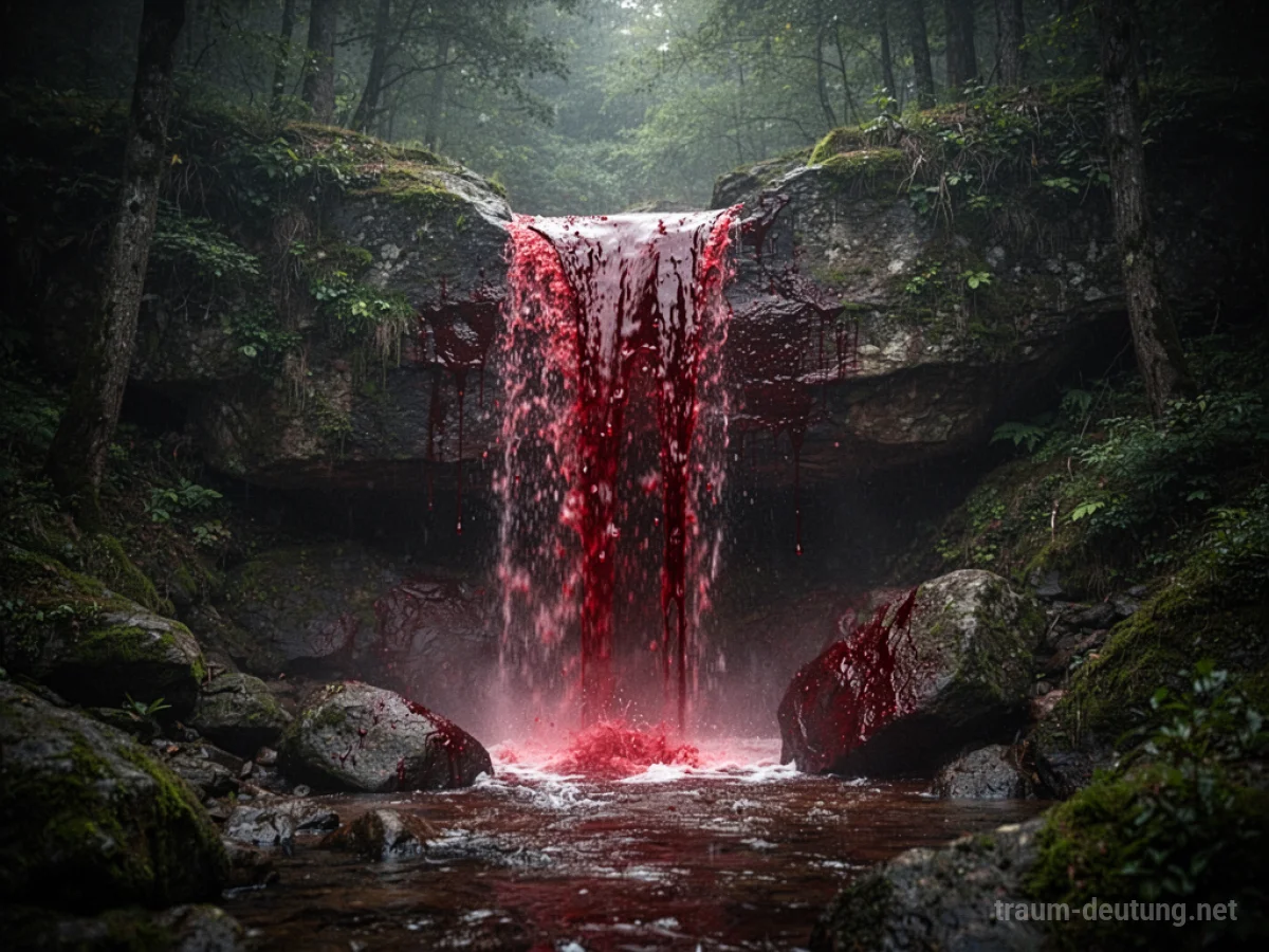 Ein Wasserfall aus tiefroter Flüssigkeit stürzt über Felsen in einem dunklen Wald.