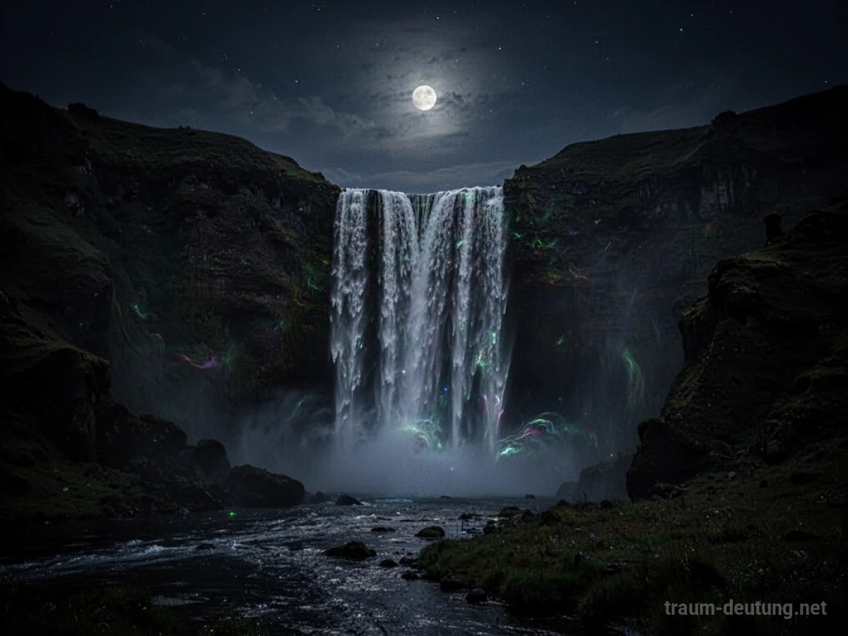 Ein Wasserfall fällt in der dunklen Nacht herunter, beleuchtet von Mondlicht.