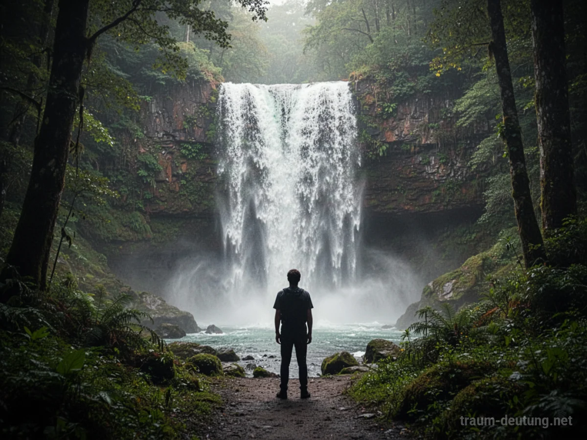 Ein blockierter Weg vor einem tosenden Wasserfall im Wald.