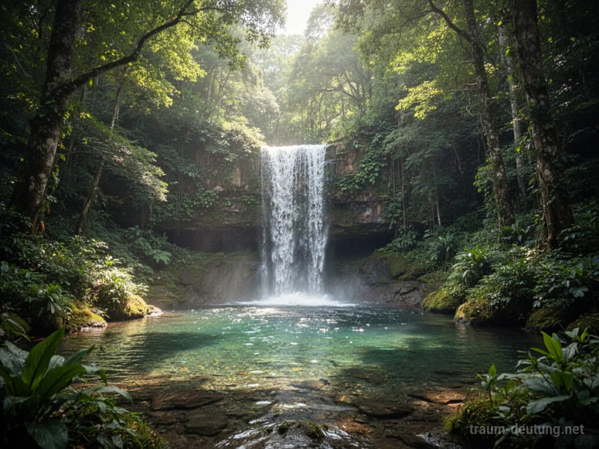 Ein Wasserfall stürzt in einem dichten Wald in ein Becken.