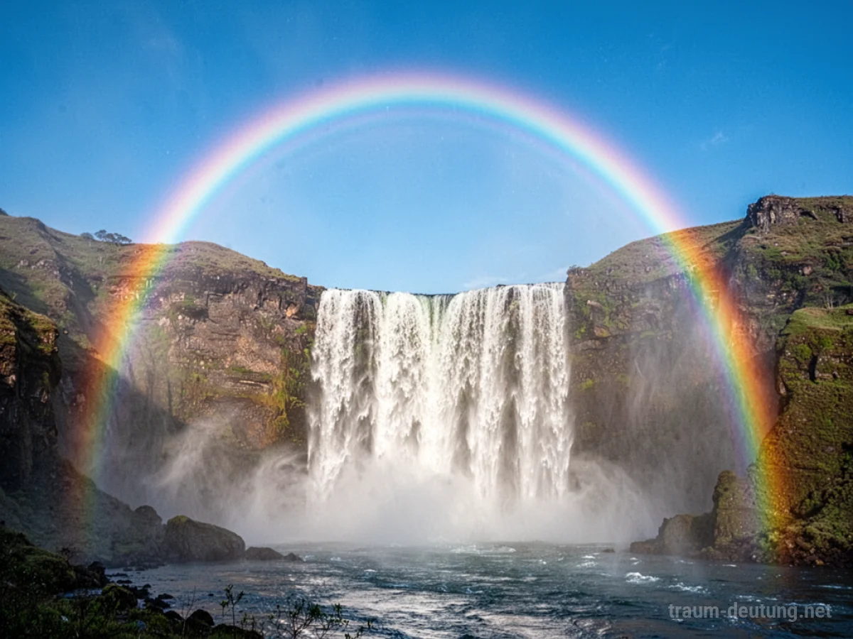 Ein Regenbogen überspannt einen tosende Wasserfall im Sonnenlicht.
